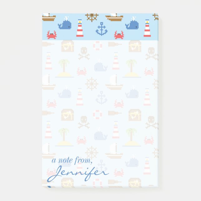 Post-it® Motif d'art maritime Pixel| Ajouter votre nom (Devant)
