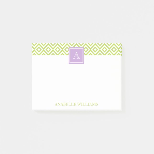 Post-it® Motif de diamants verts et monogramme pourpre (Devant)