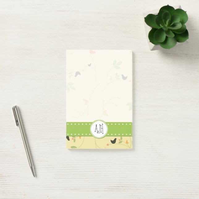 Post-it® Motif D'Oiseaux, Feuilles, Berries, Monogramme (Bureau)