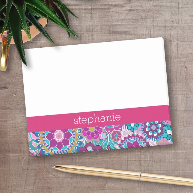 Post-it® Motif floral bleu et rose - Ajouter votre nom (Personalized Post-It Notes - add name or other text)