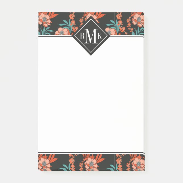 Post-it® Motif floral d'abrégé sur orange du monogramme | (Devant)