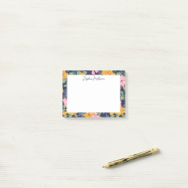 Post-it® Motif Floral Moderne Abstrait Rose et Jaune Nom (Sur un bureau)