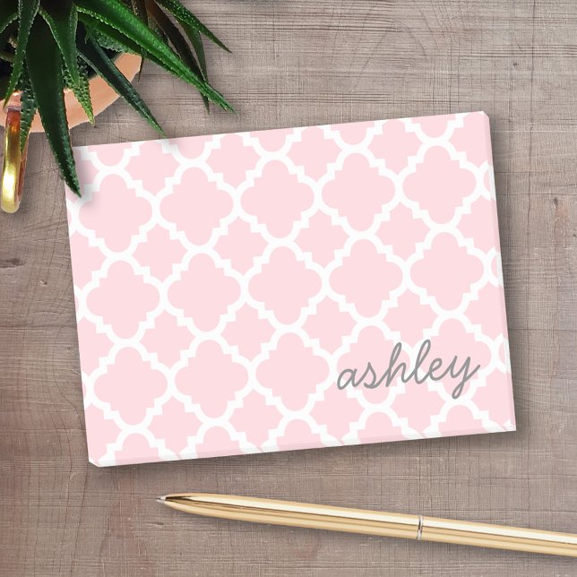 Post-it® Motif Quatrefoil rose avec Nom de script gris (Personalized Post-it notes - add your name and other text)