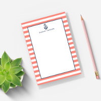Nautical Coral Stripe & Navy Anchor Personalized