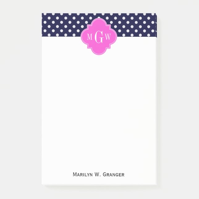 Post-it® Navy Blanc pois rose vif Quatrefeuilles 3 Monogram (Devant)