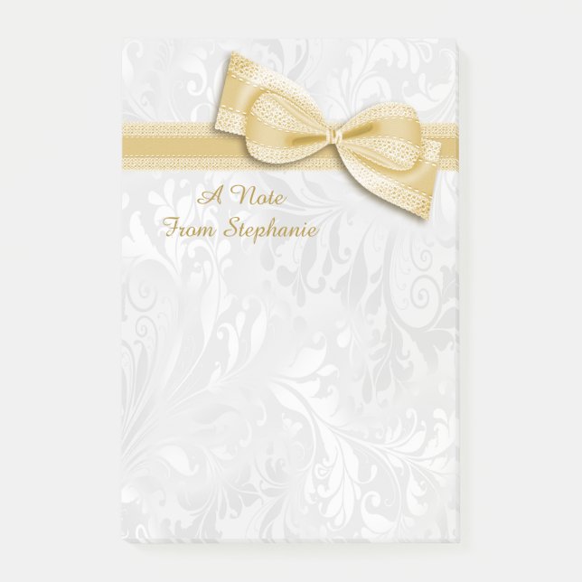Post-it® Nœud faux en damas blanc et or (Devant)