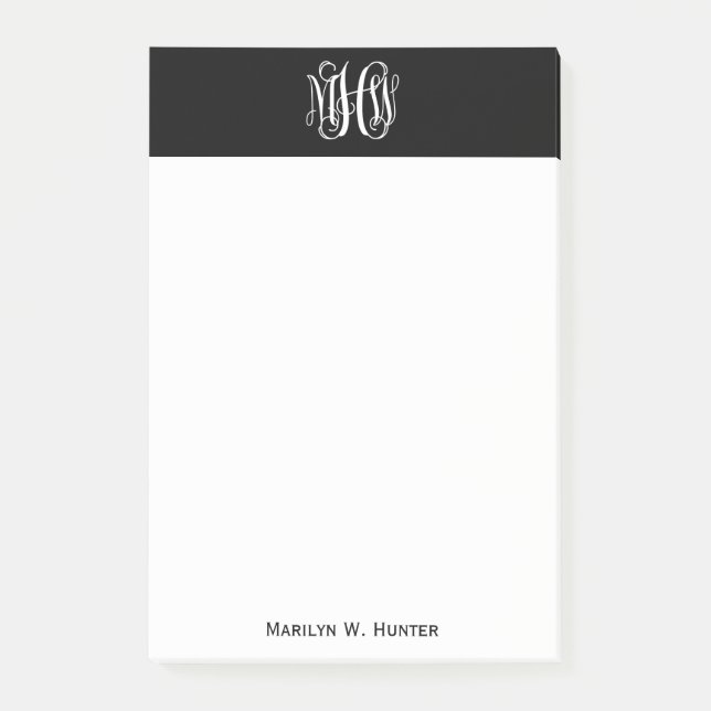 Post-it® Noir Blanc 3 Initiales Vigne Monogramme DIY Fond (Devant)