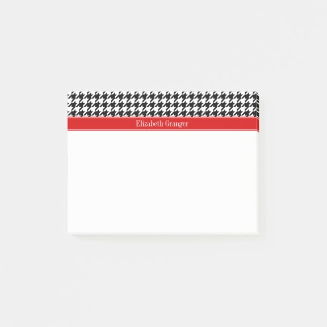 Post-it® Noir Blanc Houndstooth Nom rouge Monogramme (Devant)
