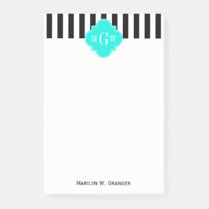 Post-it® Noir Bouton blanc brillant Aqua Quatrefoil 3 Monog