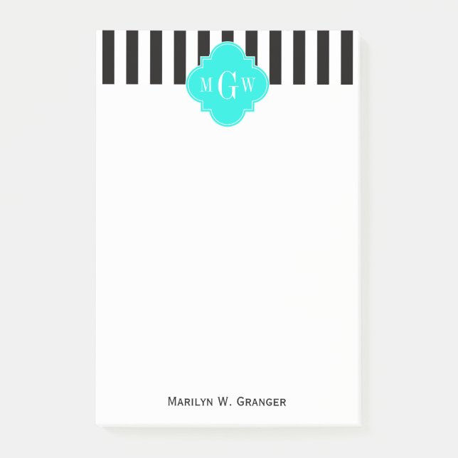 Post-it® Noir Bouton blanc brillant Aqua Quatrefoil 3 Monog (Devant)