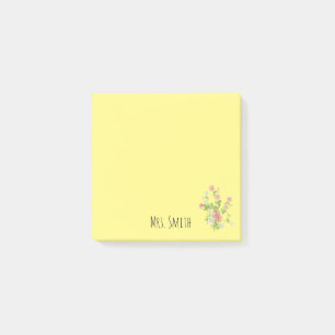 Post-it® Nom de l'enseignant monogramme floral jaune