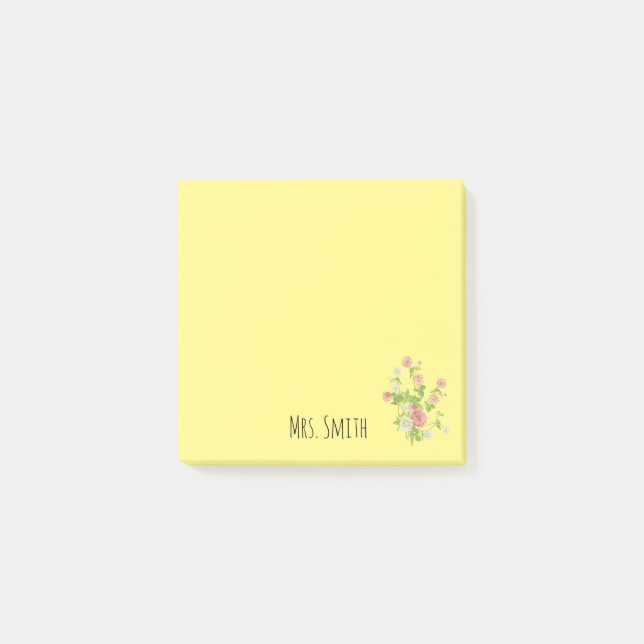 Post-it® Nom de l'enseignant monogramme floral jaune (Devant)