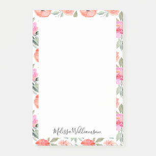 Post-it® Nom de script Bordure de broche florale rose pâle