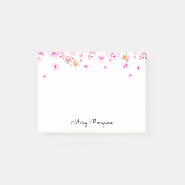 Post-it® Nom élégant de floraison à l'aquarelle rose en écr (Devant)