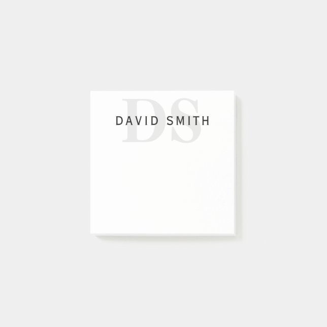 Post-it® Nom et monogramme modernes | Blanc noir et gris (Devant)
