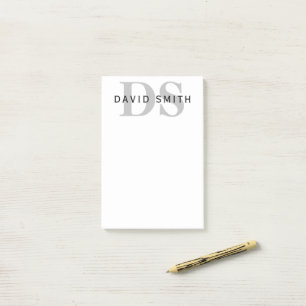 Post-it® Nom et monogramme modernes Blanc Noir & Gris