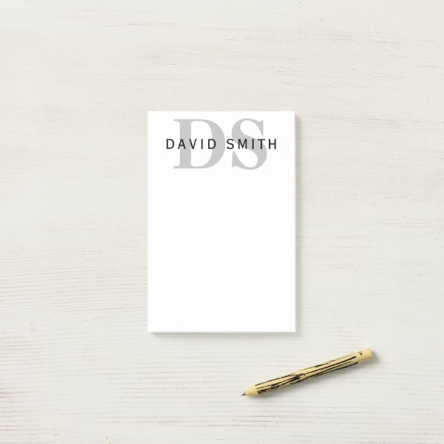 Post-it® Nom et monogramme modernes | Blanc Noir & Gris (Sur un bureau)