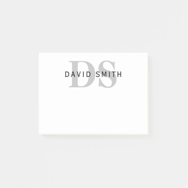 Post-it® Nom et monogramme modernes | Blanc Noir & Gris (Devant)
