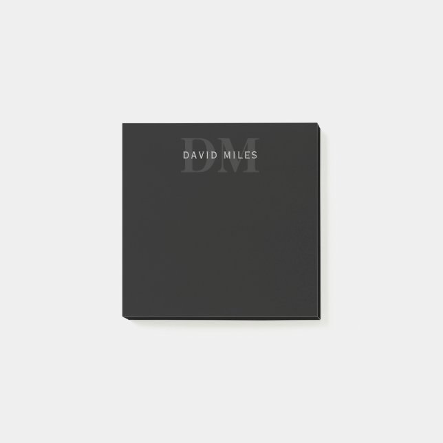 Post-it® Nom et monogramme modernes | Gris et noir (Devant)