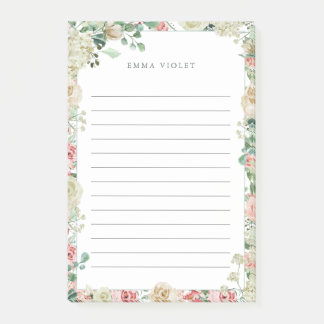 Post-it® Nom floral d'aquarelle vintage rose et crème