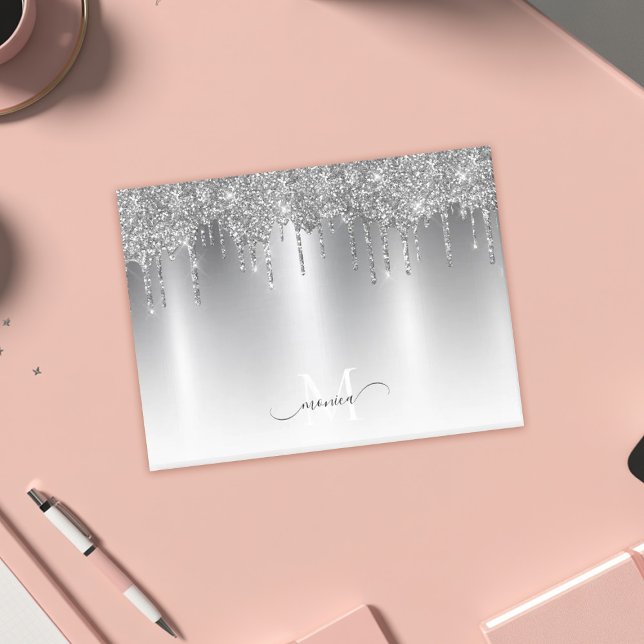 Post-it® Nom Monogramme Pailleté Argent Chic qui Dégouline (Chic Silver Gray Dripping Glitter Monogram Name Post-it Notes)