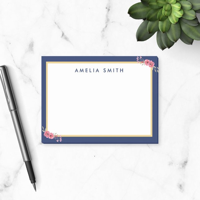 Post-it® Nom personnalisé chic Bordure bleue Fleurs roses (Créateur téléchargé)