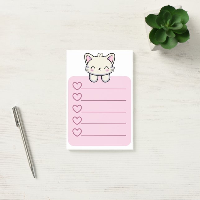 Post-it® Note à collants roses avec un chat mignon sur le d (Bureau)