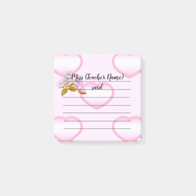 Post-it® Notes de l'enseignant de Coeur rose customisé (Devant)