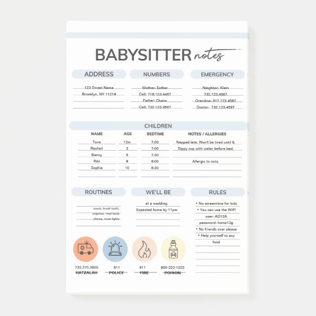Post-it® Notes d'information sur la Babysitter (Devant)