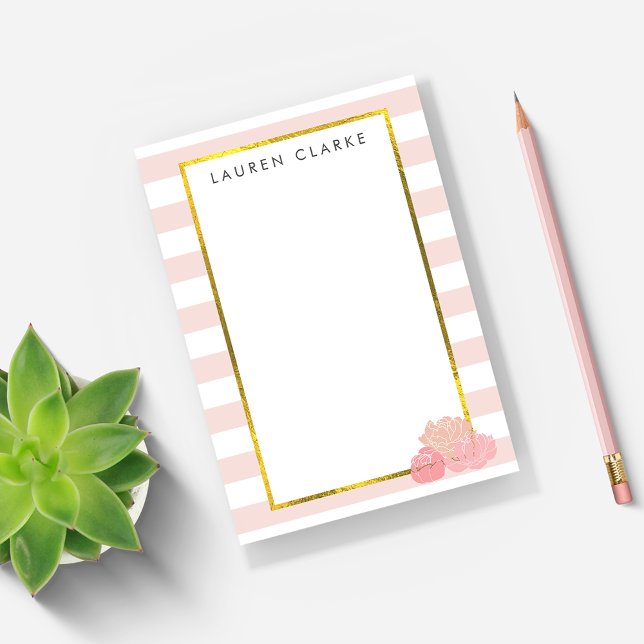 Post-it® Notes personnalisées Pink Stripe & Blush Peony (Créateur téléchargé)
