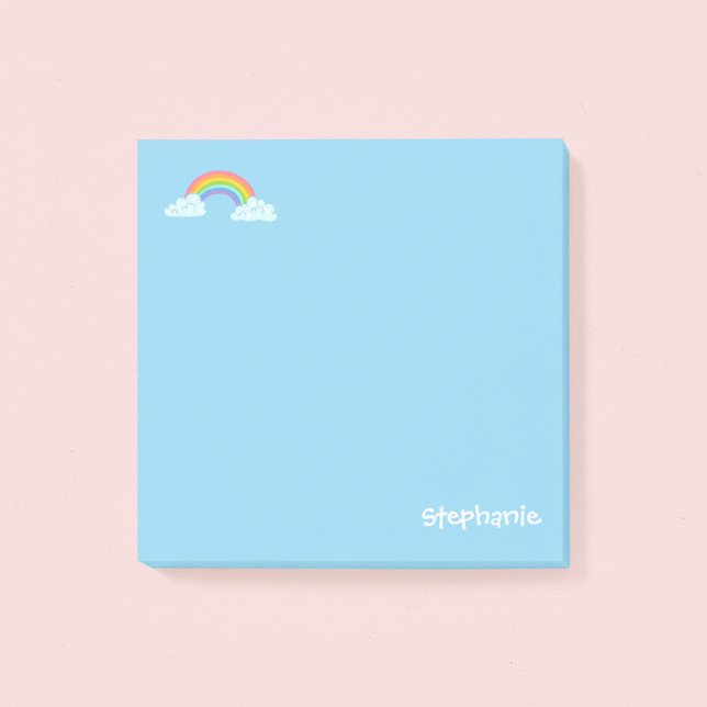 Post-it Notes personnalisés avec arc-en-ciel et no (Cute blue personalized post-it notes with a name and rainbow.)