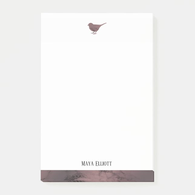 Post-it® Oiseau en marbre blanc et Rose en or avec bordure, (Devant)