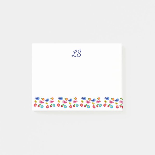 Post-it® Oiseaux et fleurs printemps motif blanc (Devant)