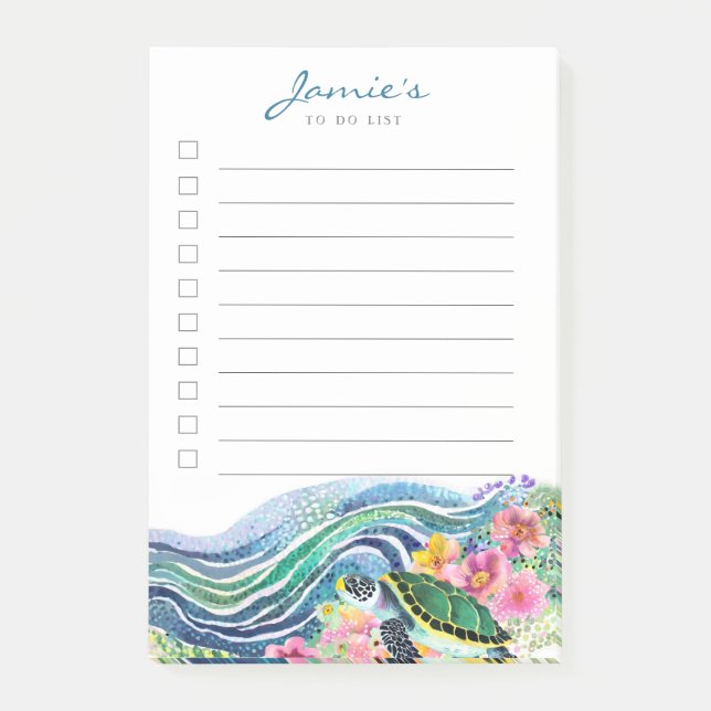 Post-it® Ondes bleues et joyeuse tortue Notes postales pers (Devant)