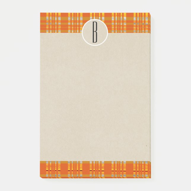 Post-it® Orange Carreaux & Marron Kraft Monogramme Initial  (Devant)