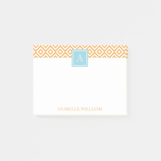 Post-it® Orange Diamonds Motif et Aqua Monogram (Devant)