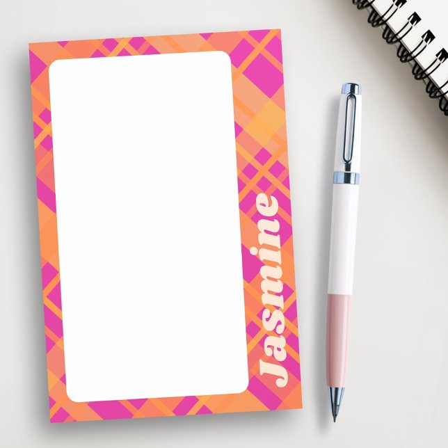 Post-it® Orange magenta plaid motif nom personnalisé (Orange magenta plaid pattern custom name post-it notes)