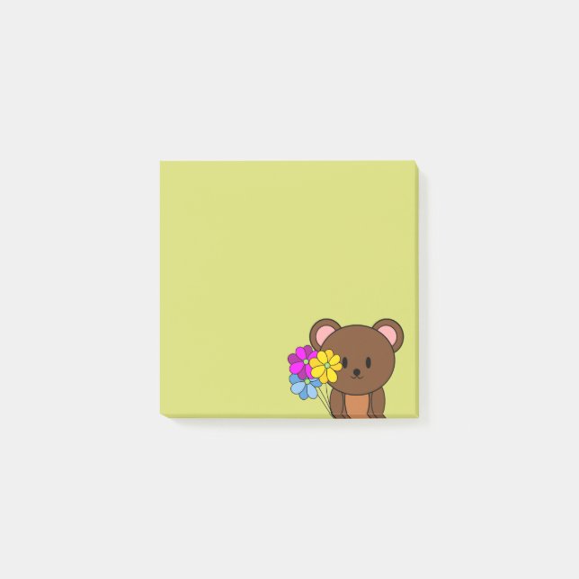 Post-it® Ours Brun Avec Un Bouquet De Fleurs (Devant)