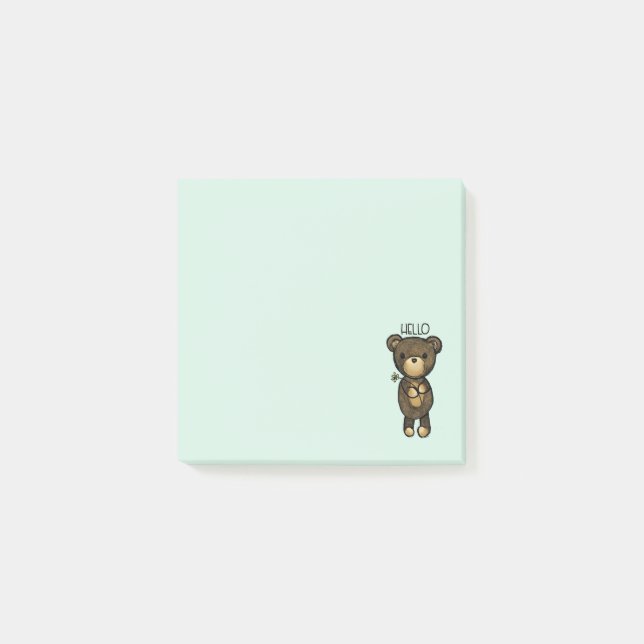 Post-it® Ours brun mignon tenant une fleur jaune (Devant)
