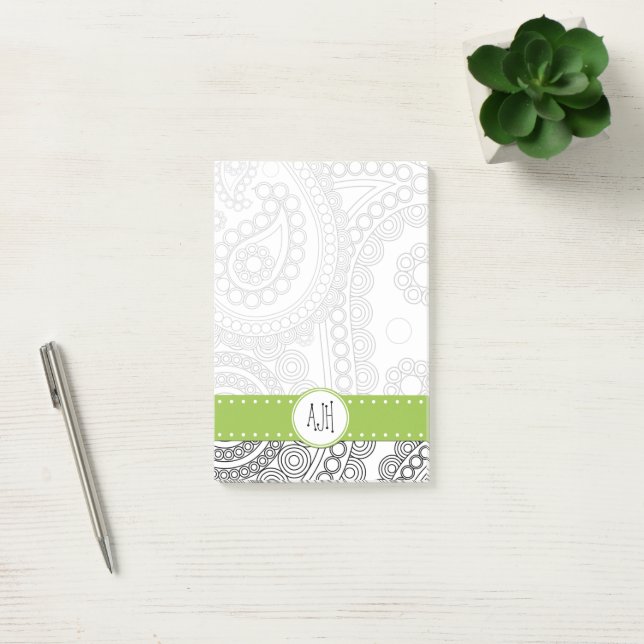 Post-it® Paisley Motif, noir et blanc, Monogramme (Bureau)