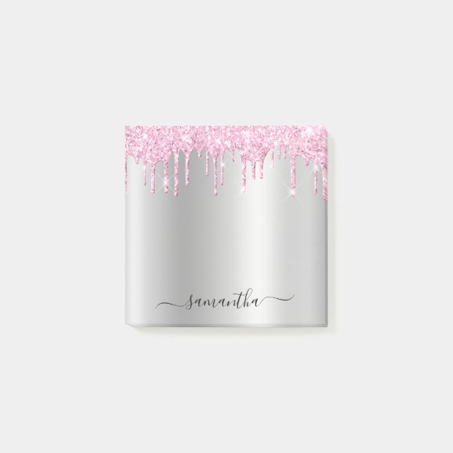 Post-it® Pale Pink Glitter Drips Silver Shimmer (Devant)