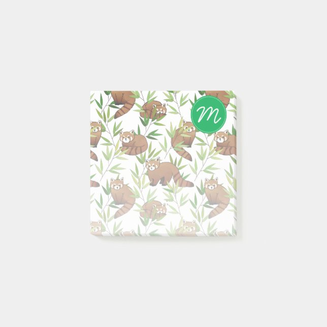 Post-it® Panda rouge et Bambou Feuille Motif et monogramme (Devant)