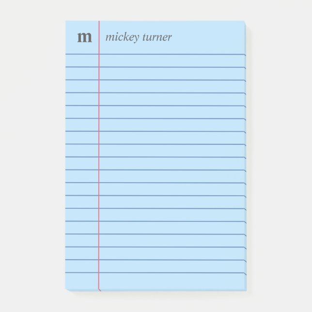 Post-it® Papier carnet Bleu Ajouter Votre Nom & Initiale (Devant)