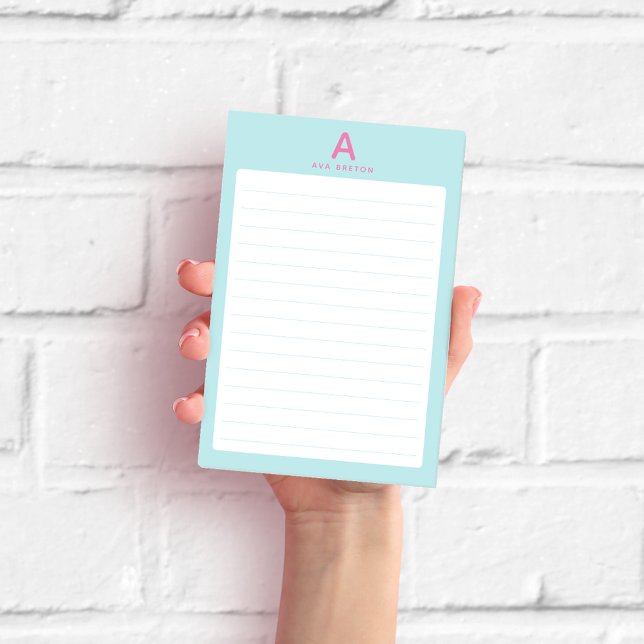 Post-it® Papier ligné au monogramme bleu pastel (Créateur téléchargé)