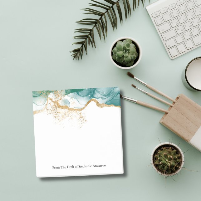 Post-it® Papier note adhésif encre alcoolique Marbre Vert P (Green Marble Watercolor Wash Alcohol Ink Gold Glitter Small Business  Personalized Post it notes)
