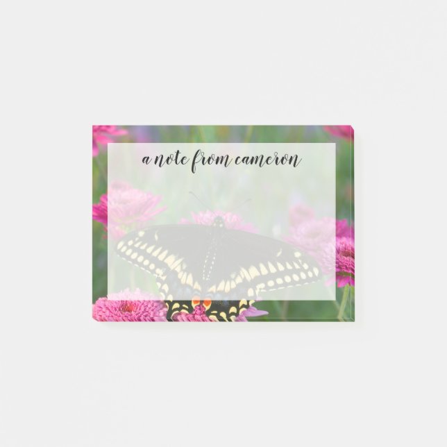 Post-it® Papillon swallowtail noir sur une fleur rose foncé (Devant)