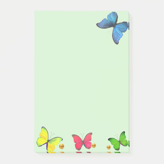 Post-it® Papillons bleus rouges et jaunes sur fond vert cla (Devant)