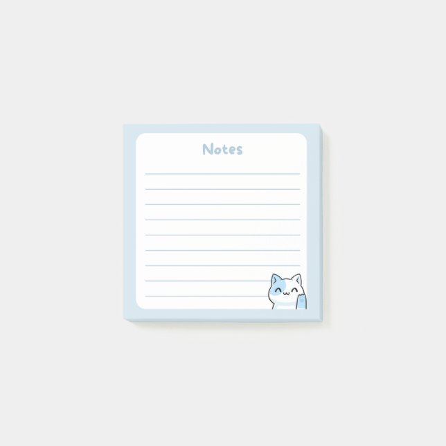 Post-it® Pastel Blue Kawaii Chibi Kitty Chat Waving Bonjour (Devant)