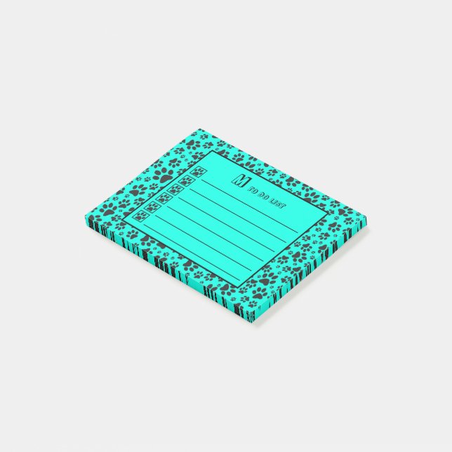 Post-it® Pattes de chien noir et blanc à pois sur un cyan v (Incliné)