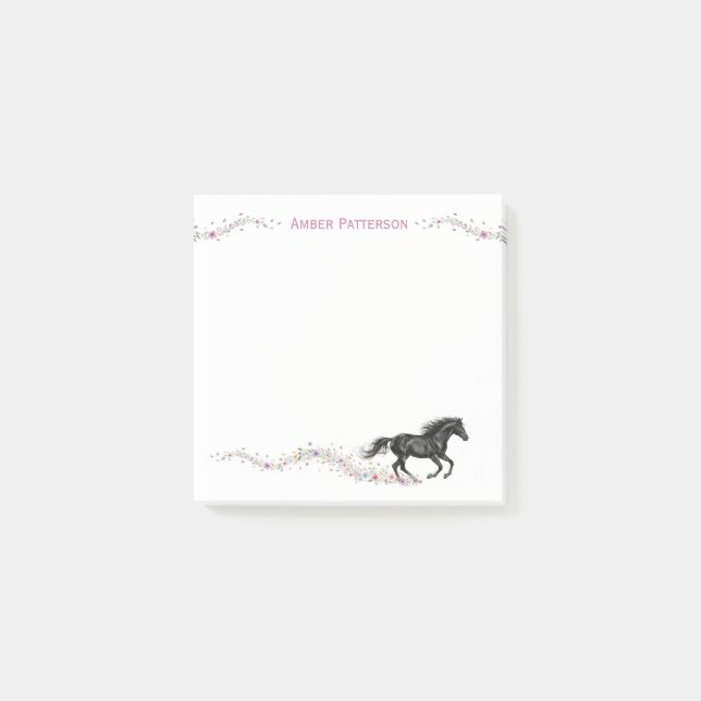 Post-it® Personalized Horse Stationery Black Horse Flowers (Devant)